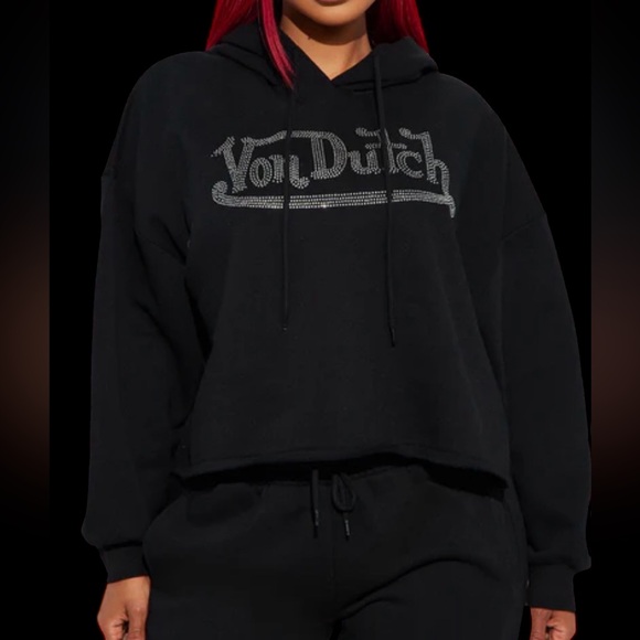 Von Dutch Tops - Von Dutch Black Rhinestone cropped hoodie Top Sz large